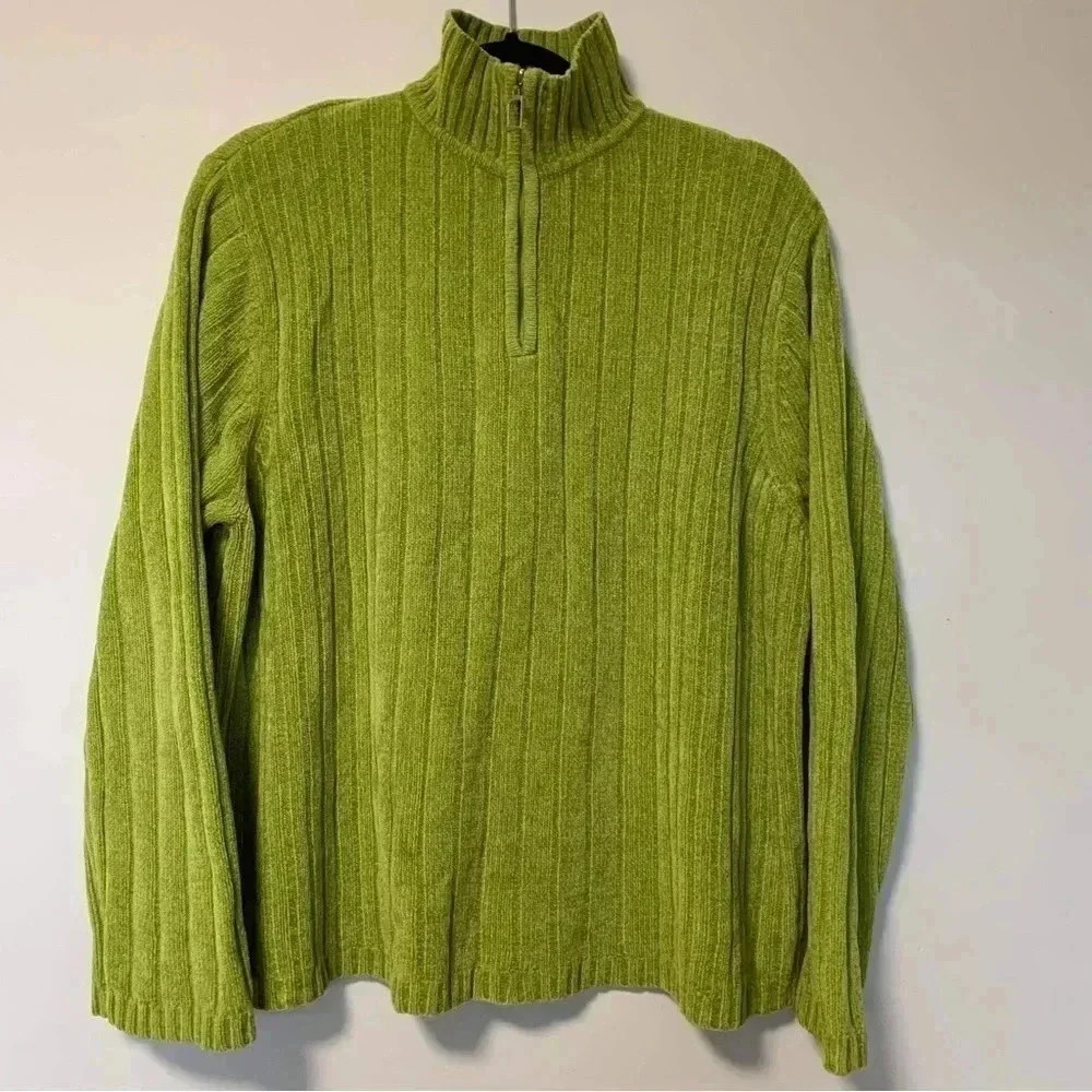 Karen Scott vintage bright green quarter zip ribbed sweater